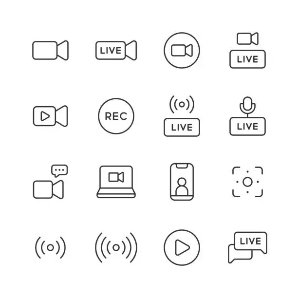 Vector illustration of Live Streaming Line Icons. Editable Stroke. Pixel Perfect. For Mobile and Web. Contains such icons as Live, Web Streaming, Video Streaming, Broadcasting, Podcast, Television, Sport, Device Screen, Film and Movie, Social Media, Influencer, Device Screen.