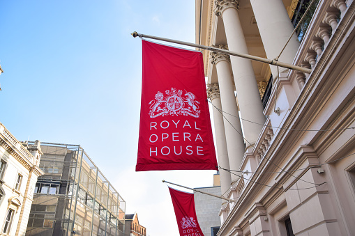 London, United Kingdom - March 2 2021: Royal Opera House entrance flags, Covent Garden.
