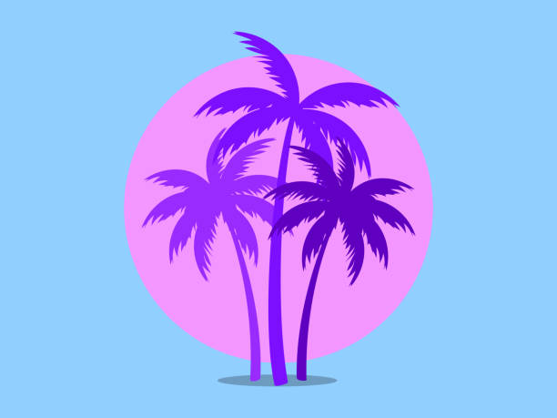 ilustrações, clipart, desenhos animados e ícones de palmeiras contra um sol rosa no estilo dos anos 80. synthwave e estilo 80 retrowave. design para folhetos publicitários, banners, cartazes, agências de viagens. ilustração vetorial - palmeiras