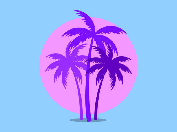 Palm trees against a pink sun in the style of the 80s. Synthwave and 80s style retrowave. Design for advertising brochures, banners, posters, travel agencies. Vector illustration