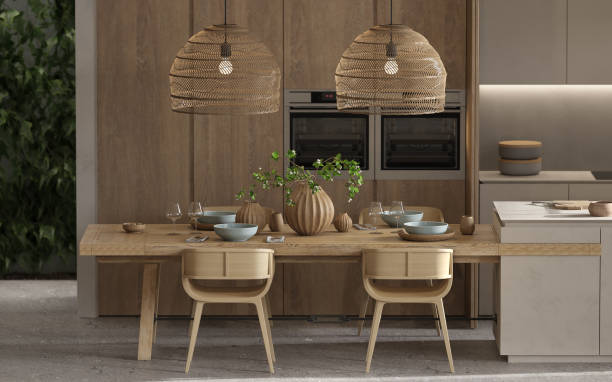 istock Minimalism modern interior  scandinavian design. Bright studio living, kitchen and dining room. Wooden kitchen with kitchen island, green plants and table with dishes. 3d render. 3d illustration. 1305128807