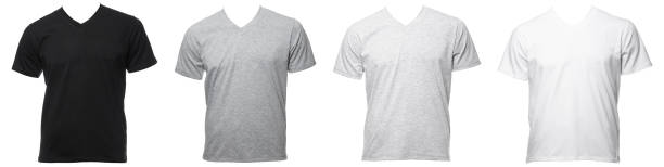 Shortsleeve cotton tshirt templates of various shades isolated on white Real plain shortsleeve cotton V-Neck T-Shirt templates of various shades isolated on a white background heather grey stock pictures, royalty-free photos & images