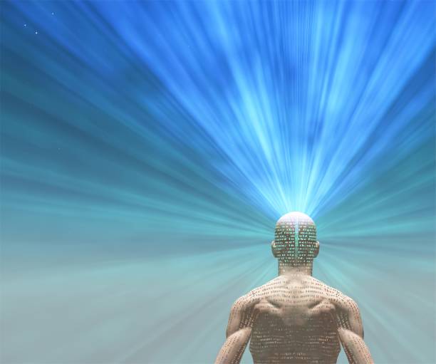 istock Man radiates light from text on his skin 1305131265