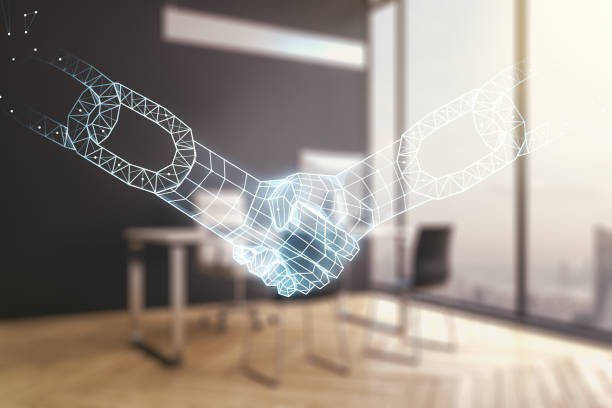 istock Creative concept of blockchain technology with handshake and modern desktop with computer on background. digital money transfers and decentralization concept. Multiexposure 1305131403