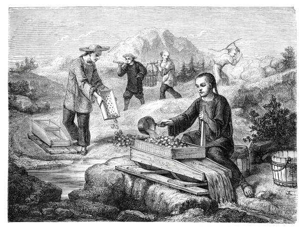ilustrações de stock, clip art, desenhos animados e ícones de chinese people panning for gold in mine san francisco california usa 1862 - 1862
