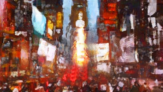 Abstract Times square oil painting with burning flames. 3D rendering