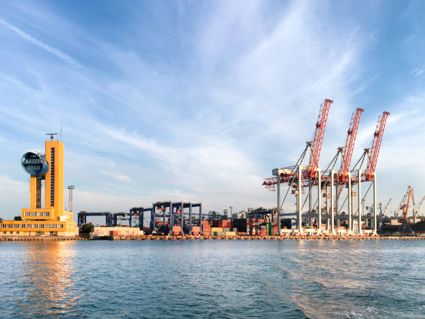istock Port infrastructure, barge cranes, port cranes, cranes freight, and cargo. 1305135492