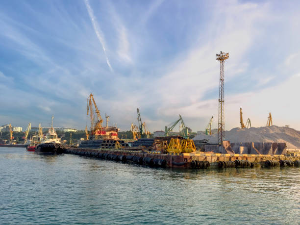 istock Port infrastructure, barge cranes, port cranes, cranes freight, and cargo. 1305135503