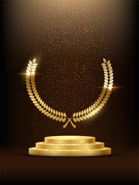 ilustrações de stock, clip art, desenhos animados e ícones de golden podium with laurel glowing. gold stage with glitter and light fog on dark background. hollywood fame in film and cinema or championship in sport vector illustration - star shape hollywood california gold three dimensional shape