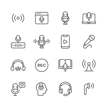 16 Podcast Outline Icons. Radio, Live Podcast, Microphone, Audio, Sound, Voice, Speaking, Entertainment, Influencer, Playing Music, Interview, Social Media, Headphones, Talk Show.