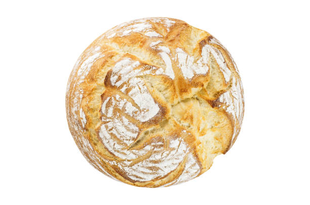 istock Bread white round whole, top view, single, isolated on white background with clipping path. 1305137586
