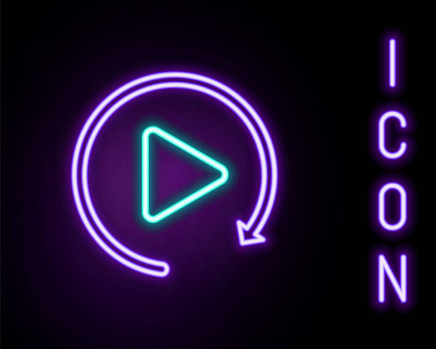 istock Glowing neon line Video play button like simple replay icon isolated on black background. Colorful outline concept. Vector 1305141432
