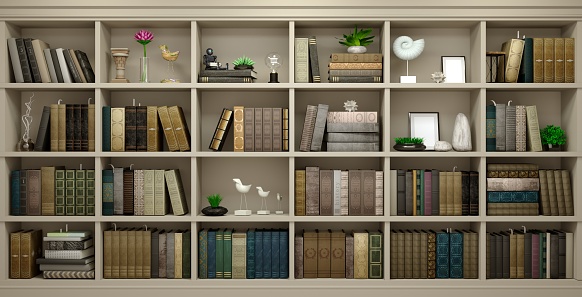 3d illustration. Wall wooden background classical library books or library study or living room, education