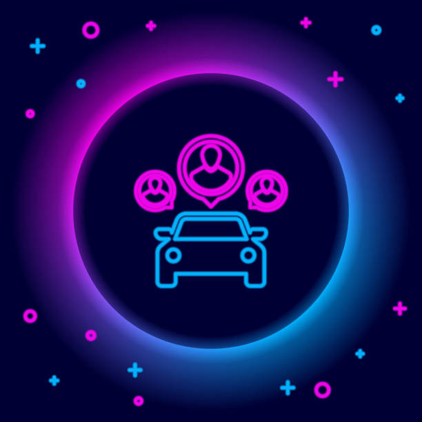 istock Glowing neon line Car sharing with group of people icon isolated on black background. Carsharing sign. Transport renting service concept. Colorful outline concept. Vector 1305143176