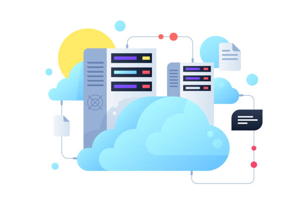 computersystem mit cloud-servern mit sonne. - cloud server stock-grafiken, -clipart, -cartoons und -symbole