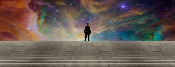 istock Man in black suit. Surreal sky 1305143652
