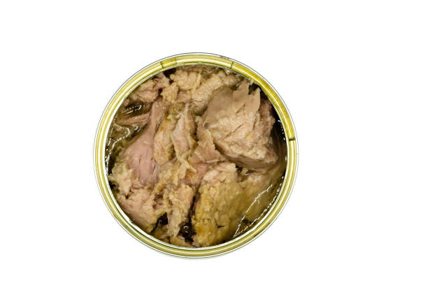 istock Canned tuna isolated on white background top view 1305147756