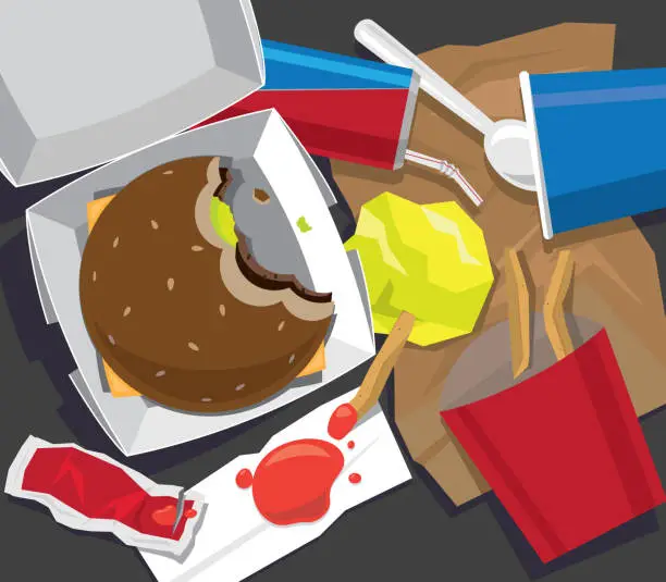 Vector illustration of Single-use waste generated after a take-away fast-food meal