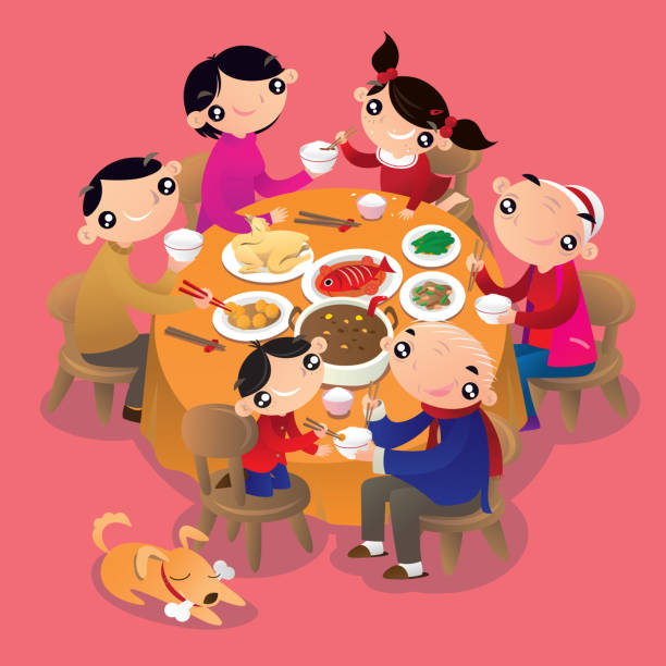 ilustraciones, imágenes clip art, dibujos animados e iconos de stock de una cena de reunión familiar china - cena familiar