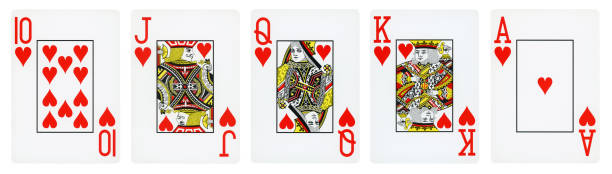 royal flush of hearts - aislado en blanco - ten of hearts fotografías e imágenes de stock