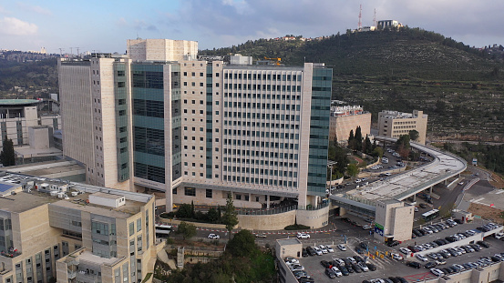 Drone view of medicine buildings hospital, Jerusalem, israel