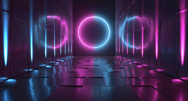 istock Sci Fi Future Neon Purple Blue Glowing Circle Shape Empty Dark Spaceship Tunnel Underground Vibrant Lasers Shape Grunge Concrete Reflective Graphic Background 3D Rendering 1305154669