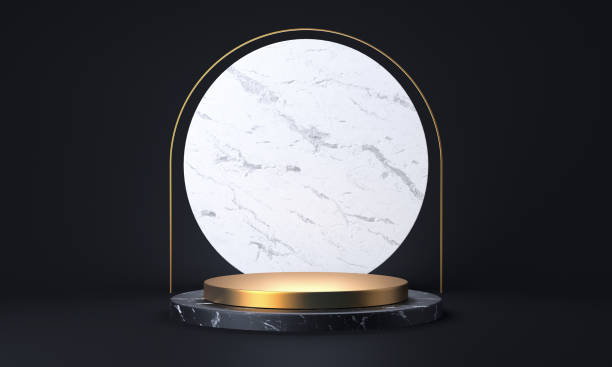 istock Black marble and gold product stand. Abstract empty stage or pedestal 3D rendering 1305154819