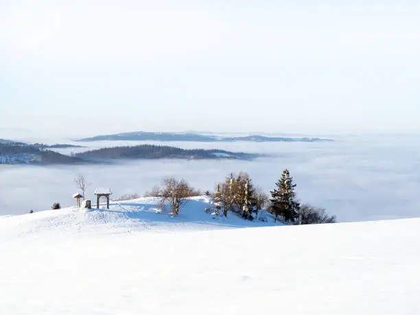 View of the summit of Ochodzita Mountain, Silesian Beskid, Poland in winter time