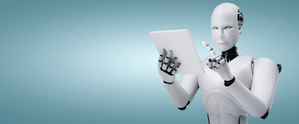 umanoide robot usando tablet computer in futuro ufficio - technology digital display digitally generated image brain foto e immagini stock