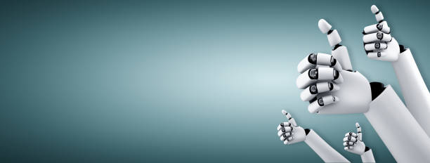 istock Robot humanoid hands up to celebrate goals success achieved by using AI 1305158045
