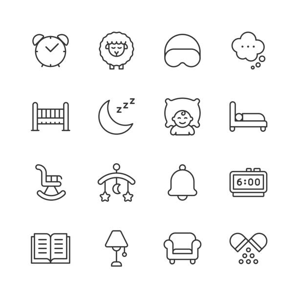 Sleep Line Icons. Editable Stroke. Pixel Perfect. For Mobile and Web. Contains such icons as Moon, Bed, Star, Night, Pillow, Baby, Alarm Clock, Hotel, Hostel, Double Bed, Sleeping, Sheep, Book. 16 Sleep Outline Icons. Moon, Bed, Star, Night, Pillow, Baby, Alarm Clock, Hotel, Hostel, Double Bed, Sleeping, Sheep, Book. napping illustrations stock illustrations