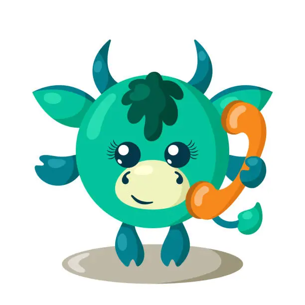 Vector illustration of Funny cute smiling bull or cow holding a phone.