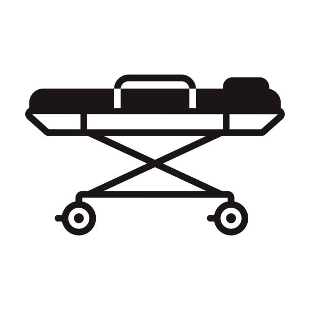 Hospital Gurney Covid-19 Glyph Icon A black glyph icon on a transparent background. You can place onto any coloured background (no white box behind icon). File is built in CMYK for optimal printing with a 100% black fill. stretcher stock illustrations