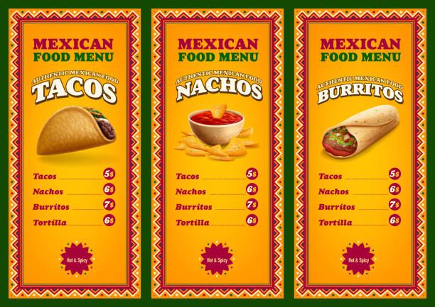 menü mit mexikanischer lebensmittelpreisliste - mexican dish stock-grafiken, -clipart, -cartoons und -symbole