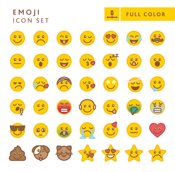 Cute big set of colorful Emoji faces with different expressions Vector illustration of a big set of colorful 42 emoji faces including heart emoji, dog and cat emoji, poop, and stars emojis on white background with no white box below. Lot's of different expressions. Fully editable stroke outline for easy editing. Simple set that includes vector eps and high resolution jpg in download. blush emoji stock illustrations