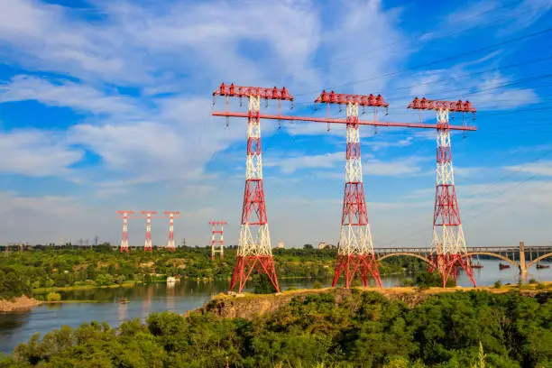 High voltage power line across the Dnieper river on Khortytsia island in Zaporizhia, Ukraine