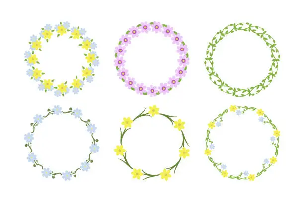 Vector illustration of Set of spring floral frames in the shape of a circle