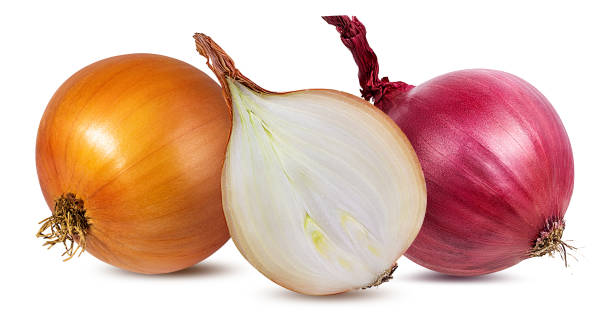 istock Halved red and white onions isolated on white background with clipping path 1305168048