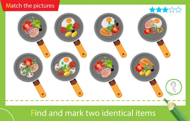 Vector illustration of Find and mark two identical items. Puzzle for kids. Matching game, education game for children. Color image of frying pans and products. Food and meals. Dishes and crockery. Worksheet vector design for preschoolers