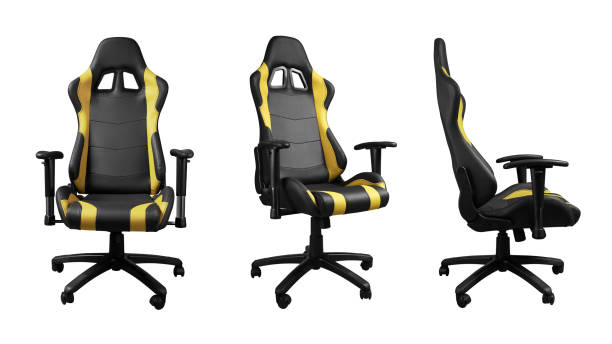 All angels view of black and yellow office chair isolated on white All angels view of racing cars seat design armchair isolated on white background gaming chair photos stock pictures, royalty-free photos & images