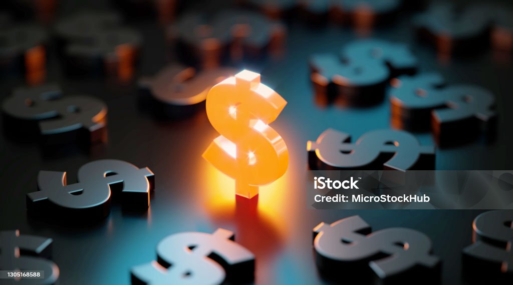 US Currency And Finance Concept - Yellow American Dollar Sign Glowing Amid Black American Dollar Signs On Black Background American Dollar sign glowing amid black American Dollar signs on black background. Horizontal composition with copy space. US currency and finance concept. Dollar Sign Stock Photo