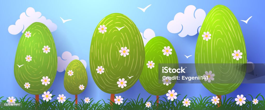 Spring R Cartoon Tree Spring Cartoon Vector Illustration Tree On Grass With Flowers Against A ...