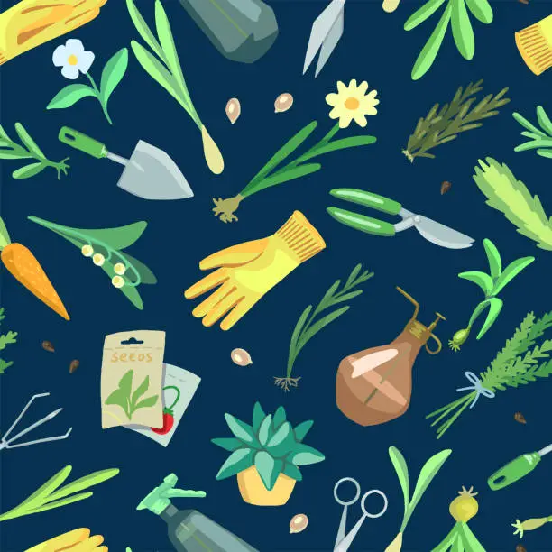 Vector illustration of Gardening theme, tools, potted plants. Hand drawn vector seamless pattern. Spring season cartoon ornament in bright colored. Design for fabric, textile, wallpaper, background, print, decor, wrap, card