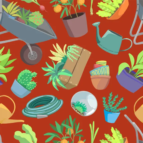 Vector illustration of Gardening theme, tools, potted plants. Hand drawn vector seamless pattern. Spring season cartoon ornament in bright colored. Design for fabric, textile, wallpaper, background, print, decor, wrap, card