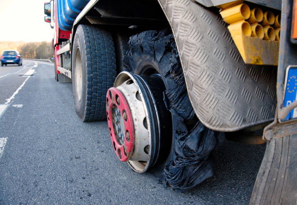 고속도로에서 타이어가 터진 트럭을 클로즈업하십시오. 도로에 플랫 타이어와 타이어 버스트 - speed horizontal commercial land vehicle automobile industry 뉴스 사진 이미지