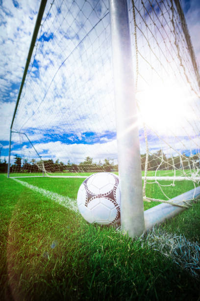 istock Soccer ball near a goal post 1305173190