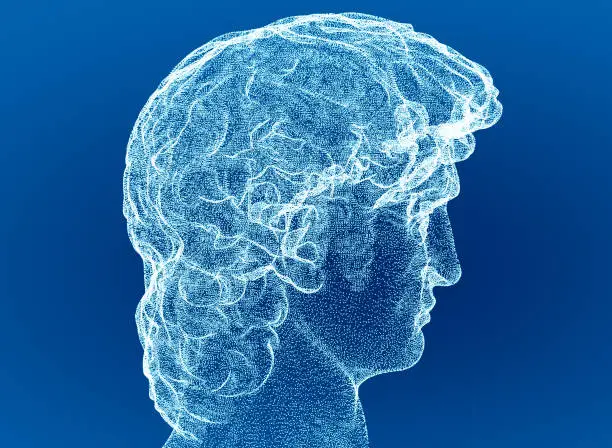 Photo of Head statue in profile, side view of a face, hologram. Face scan. Dot stylization