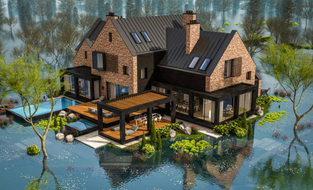 istock 3d rendering of modern house with brick facade in spring flood 1305175060