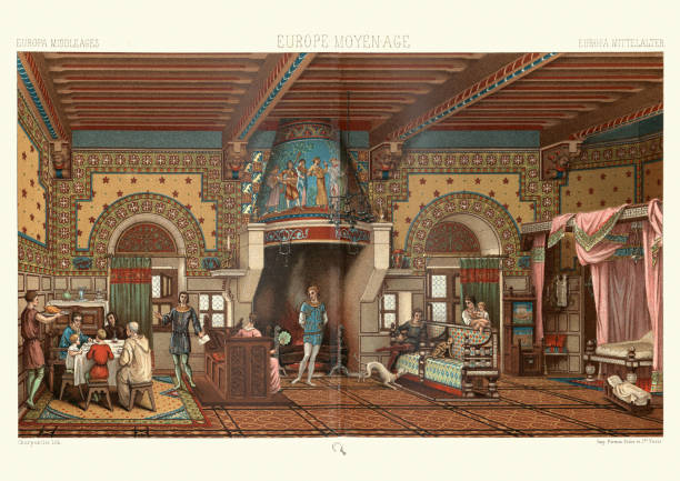 Vintage illustration of Great hall of a Medieval castle, French 12th Century
