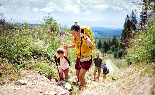 Familia con niños pequeños haciendo senderismo al aire libre en la naturaleza de verano, caminando en High Tatras. photo